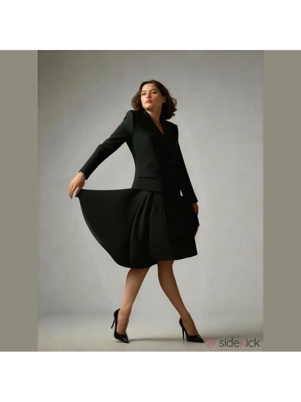 80s JONES NEW YORK BLACK CREPE FABRIC DOUBLE BREASTED BLAZER & YOKE CIRCLE SKIRT